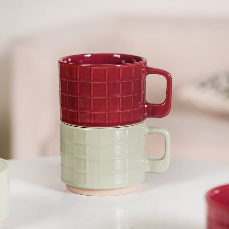 Gridstone Ceramic Cup and Bowl Set Of 4 In Maroon And Mint