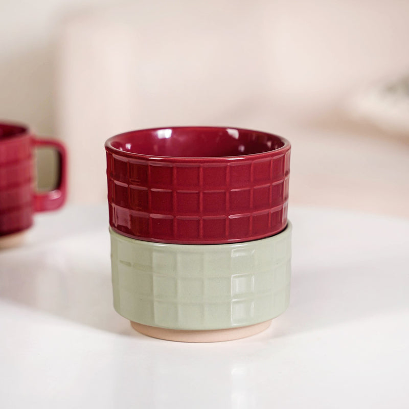 Gridstone Ceramic Cup and Bowl Set Of 4 In Maroon And Mint