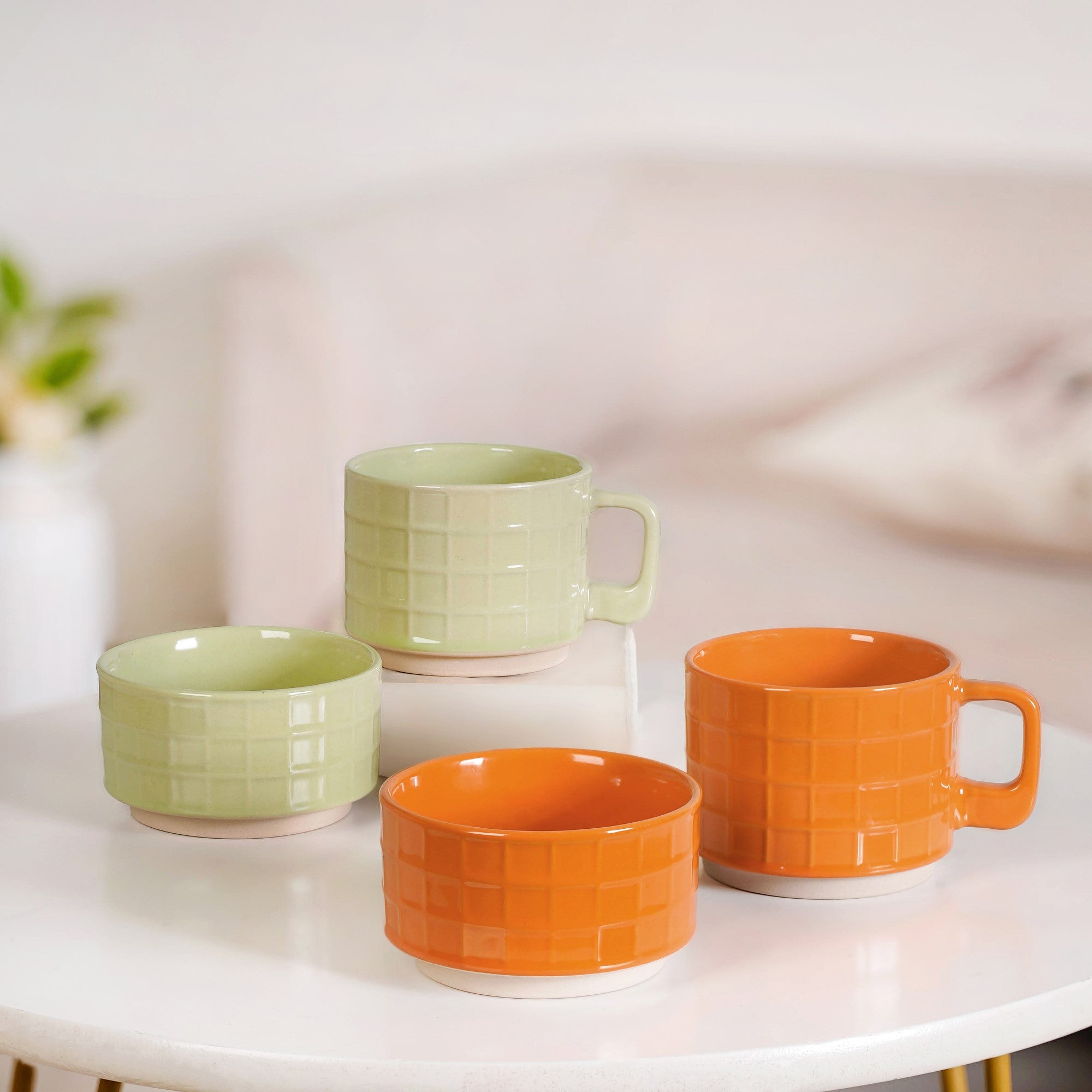 Embossed Stackable 2 Cup 2 Bowl Set Pop Orange Sage Green