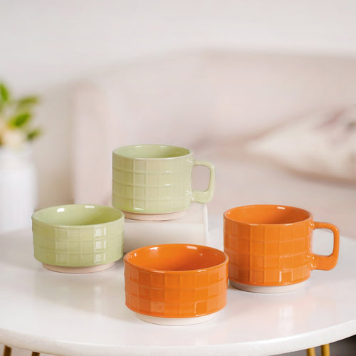Gridstone Ceramic Cup and Bowl Set Of 4 In Yellow And Green