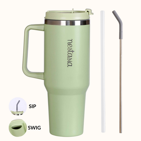 GripSip 40 Insulated Tumbler With Side Handle Pistachio Cream Green 1200ml