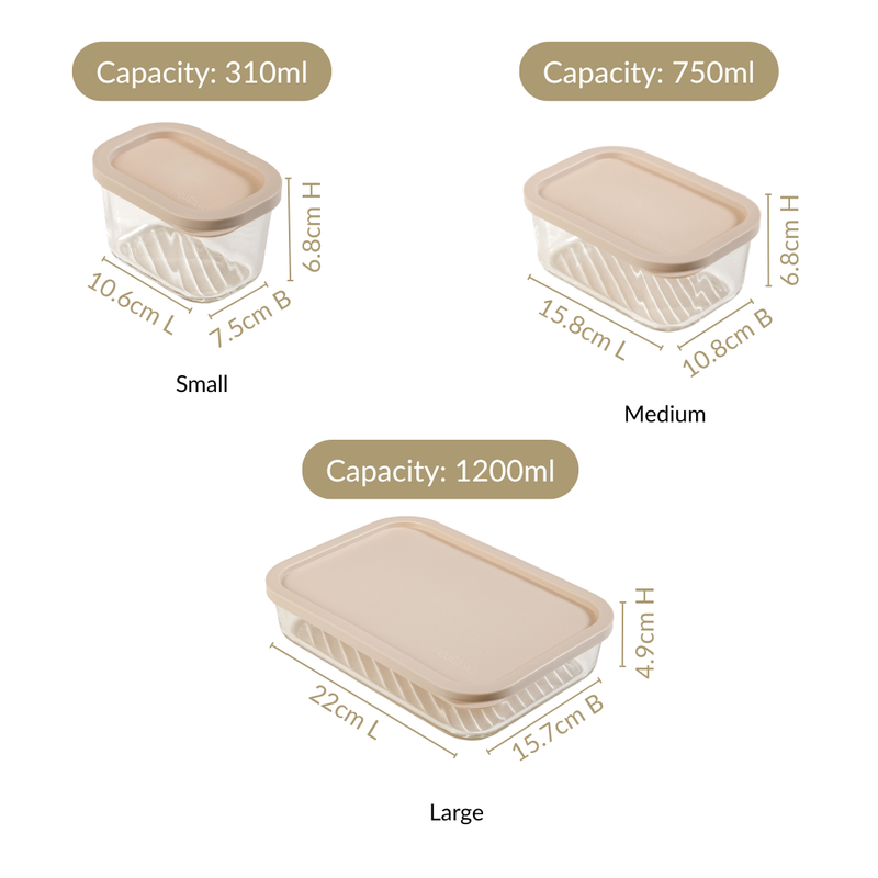 Groovo Food Storage Containers With Lid Set Of 5 310ml 750ml 1200ml Beige