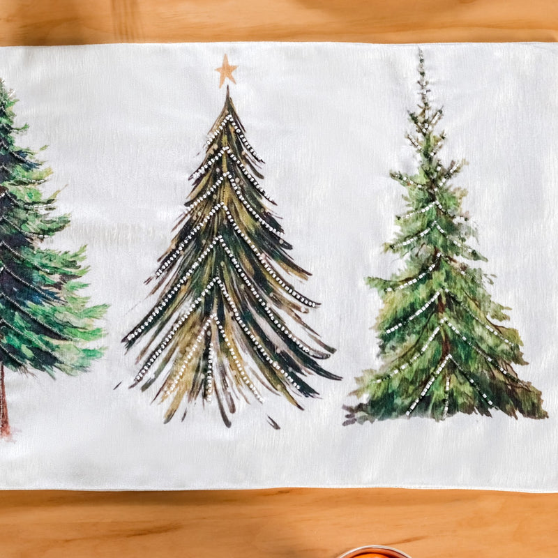 Grove Of Pine Trees Printed White Dining Table Runner