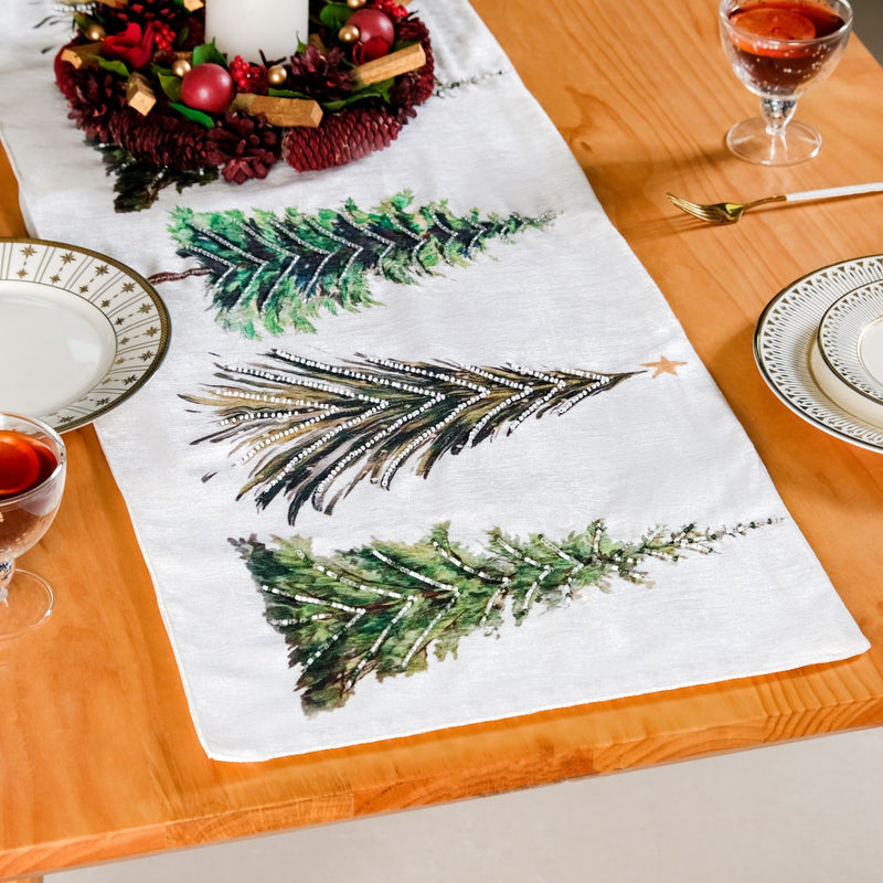 Grove Of Pine Trees Printed White Dining Table Runner