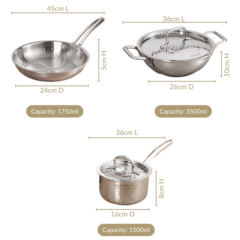 Triply Hammered Cookware Set With Frying Pan Kadai And Saucepan With Lid Set Of 3
