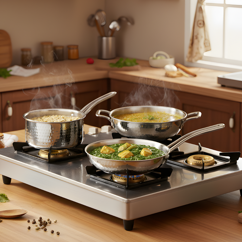 Triply Hammered Cookware Set With Frying Pan Kadai And Saucepan With Lid Set Of 3