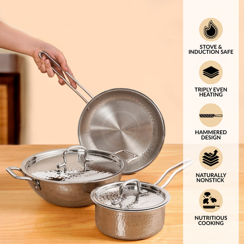 Triply Hammered Cookware Set With Frying Pan Kadai And Saucepan With Lid