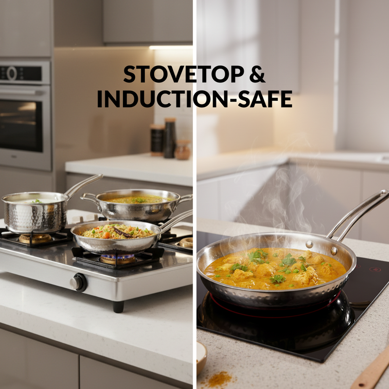 Triply Hammered Stainless Steel Set With Frying Pan Kadai And Saucepan With Lid Set Of 3