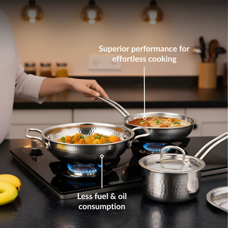 Triply Hammered Stainless Steel Set With Frying Pan Kadai And Saucepan With Lid Set Of 3