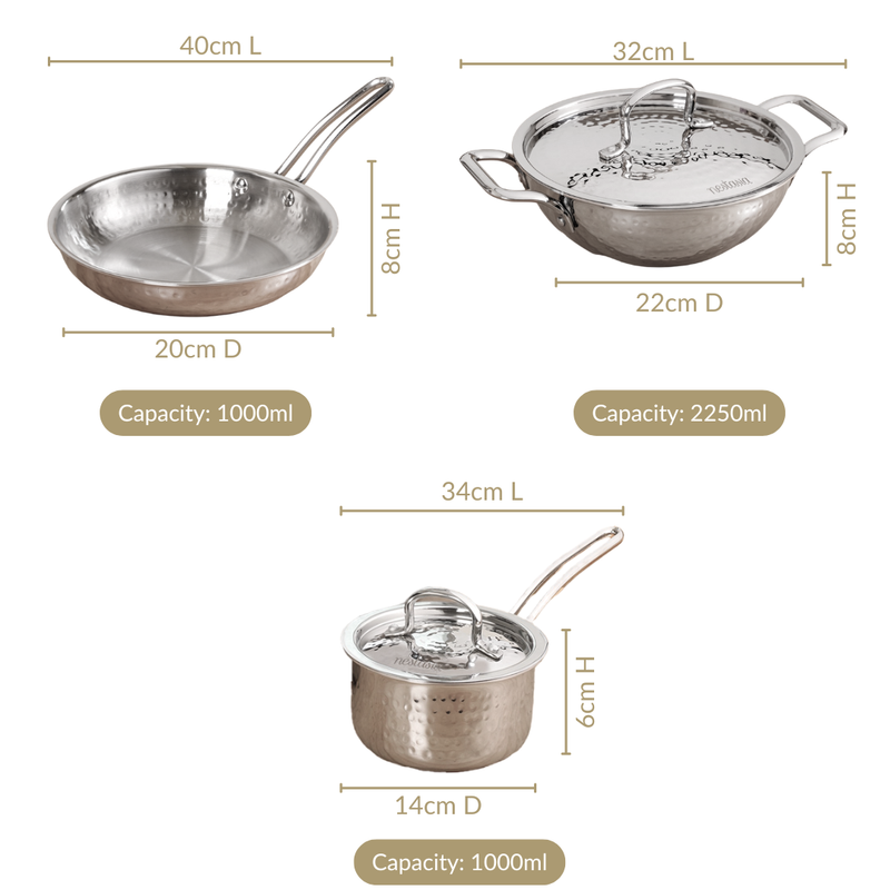 Triply Hammered Stainless Steel Set With Frying Pan Kadai And Saucepan With Lid Set Of 3