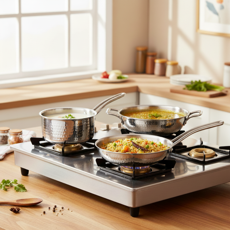 Triply Hammered Stainless Steel Set With Frying Pan Kadai And Saucepan With Lid Set Of 3