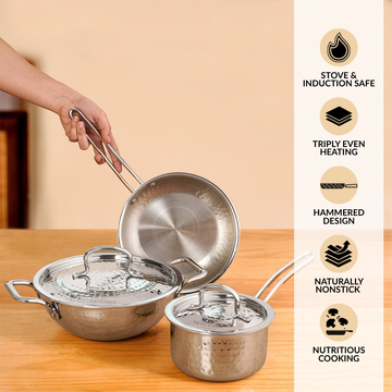 Triply Hammered Stainless Steel Set With Frying Pan Kadai And Saucepan With Lid