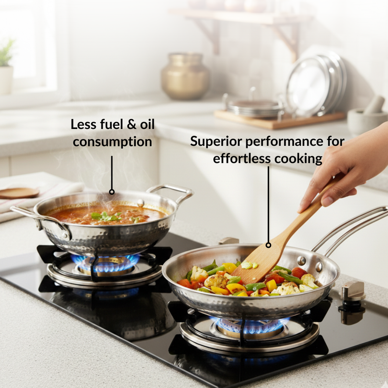 Triply Hammered Stainless Steel Cookware With Frying Pan And Kadai With Lid Set Of 2