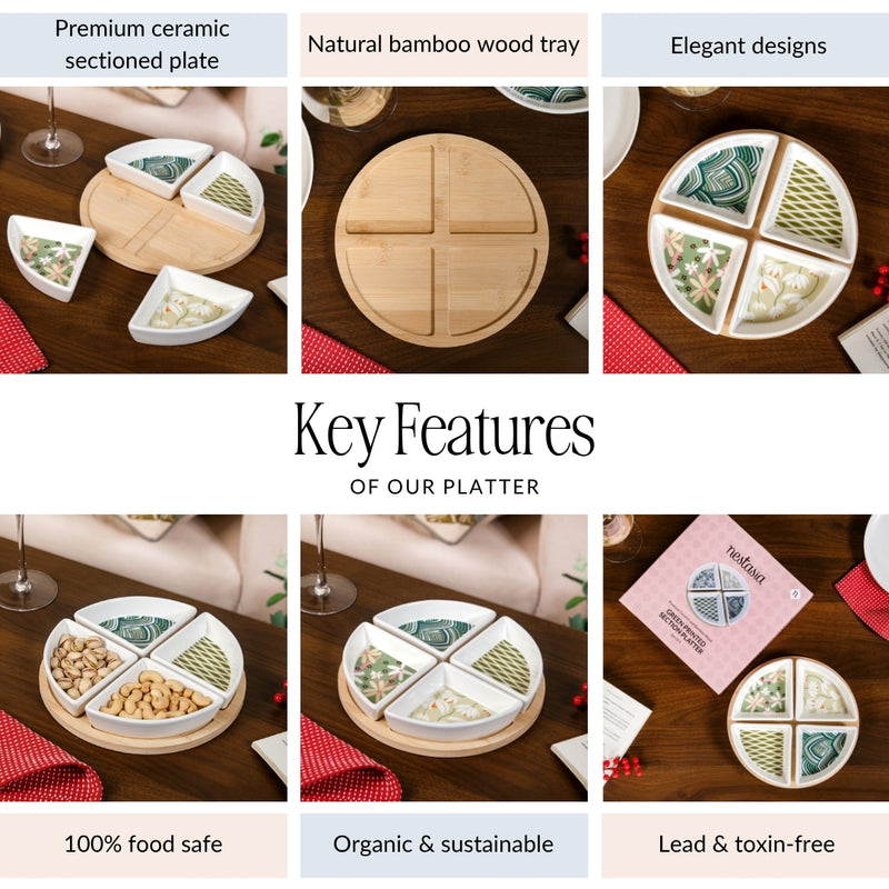 Sage Scape Sectioned Platter With Wooden Tray Set Of 5