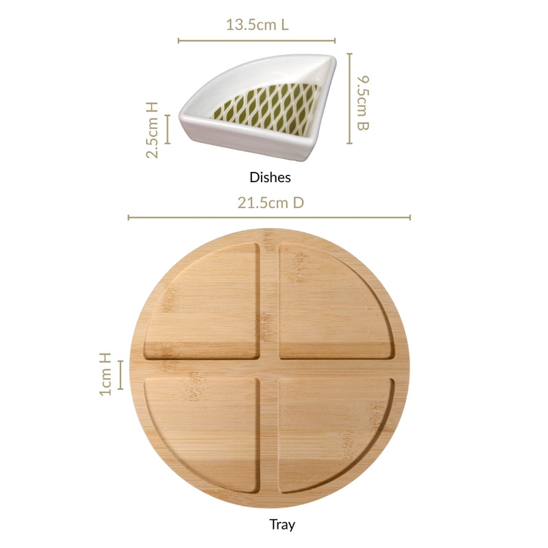 Sage Scape Sectioned Platter With Wooden Tray Set Of 5