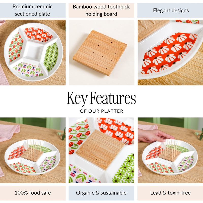 Flower Power Ceramic Section Plate With Toothpick Set 23cm
