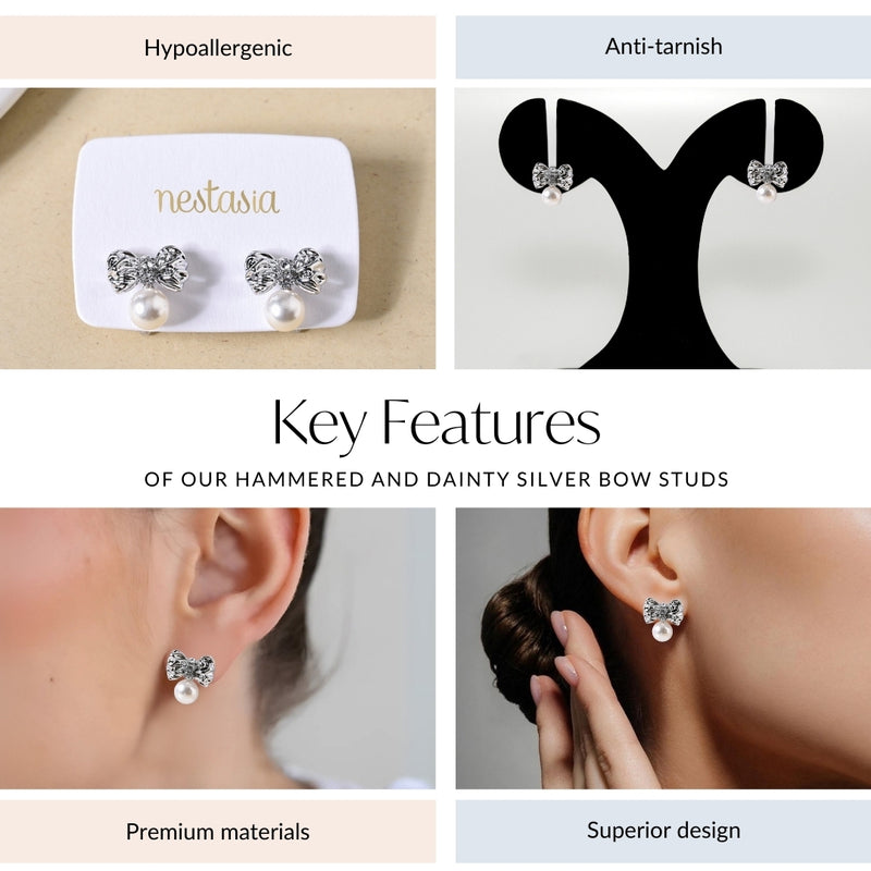 Hammered And Dainty Silver Bow Studs