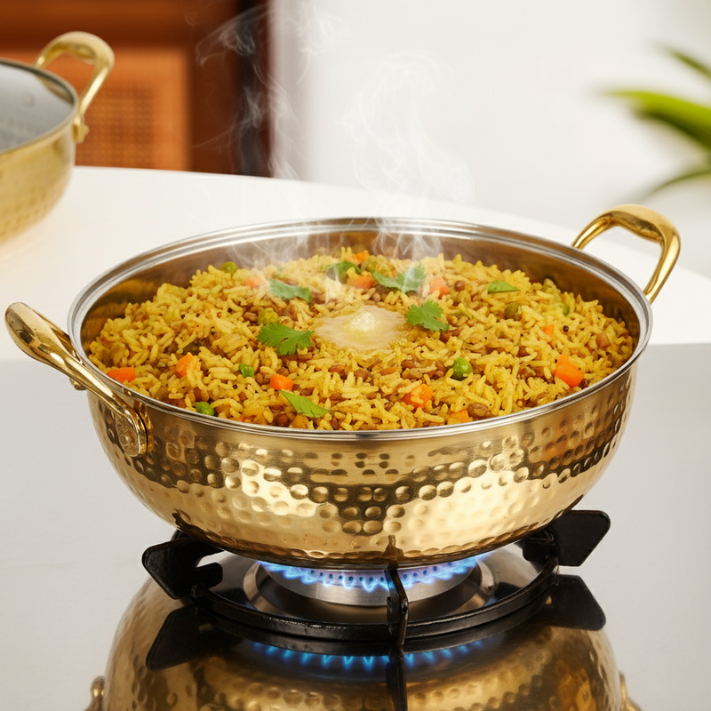 Hammered Brass Kadhai With Glass Lid 4000ml