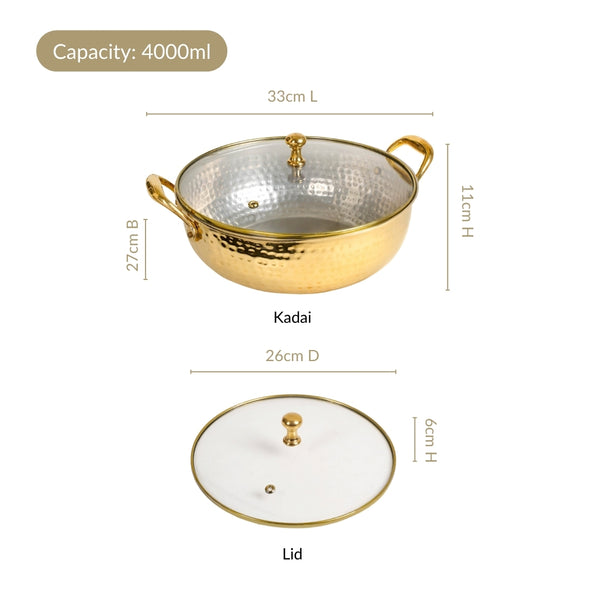 Hammered Pure Brass Kadhai With Glass Lid 4000ml