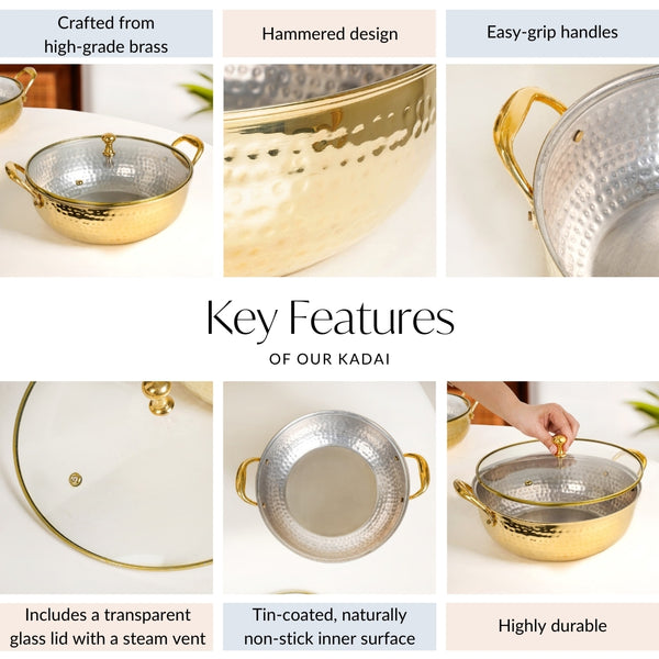 Hammered Pure Brass Kadhai With Glass Lid 4000ml