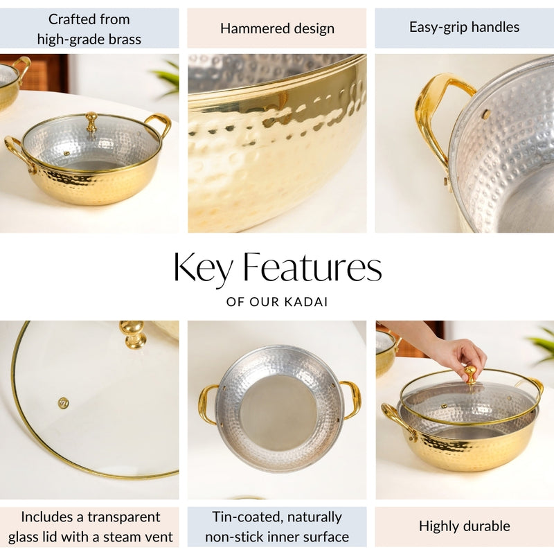 Hammered Brass Kadhai With Glass Lid 4000ml