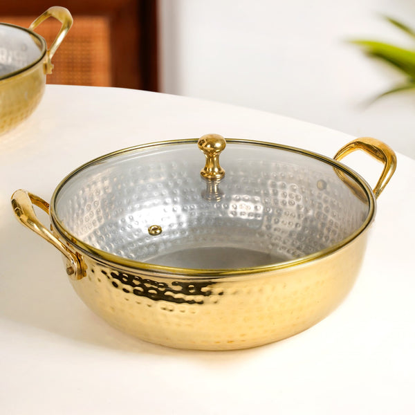Hammered Pure Brass Kadhai With Glass Lid 4000ml