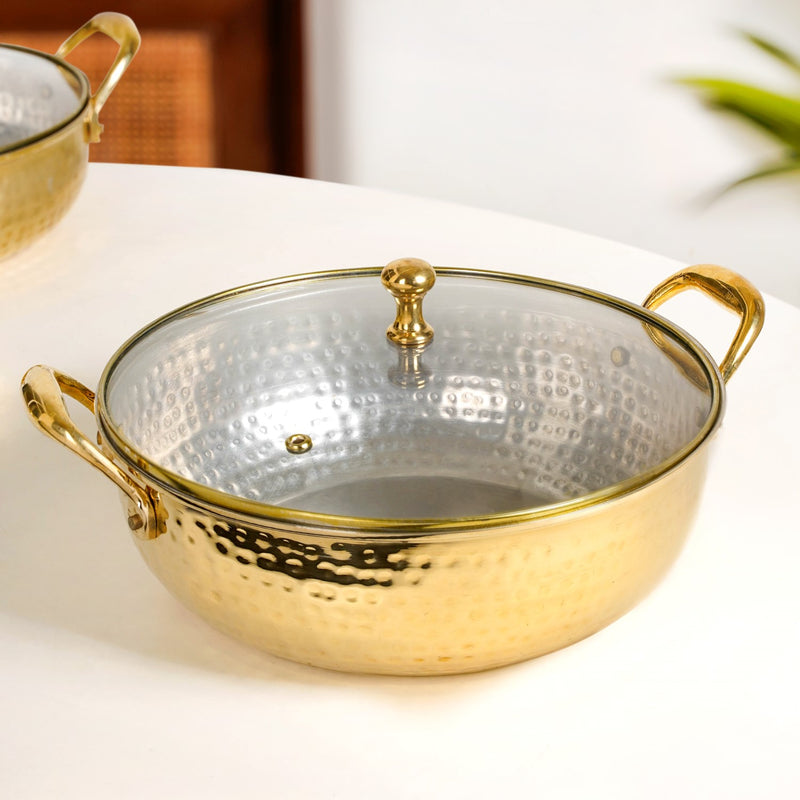 Hammered Brass Kadhai With Glass Lid 4000ml