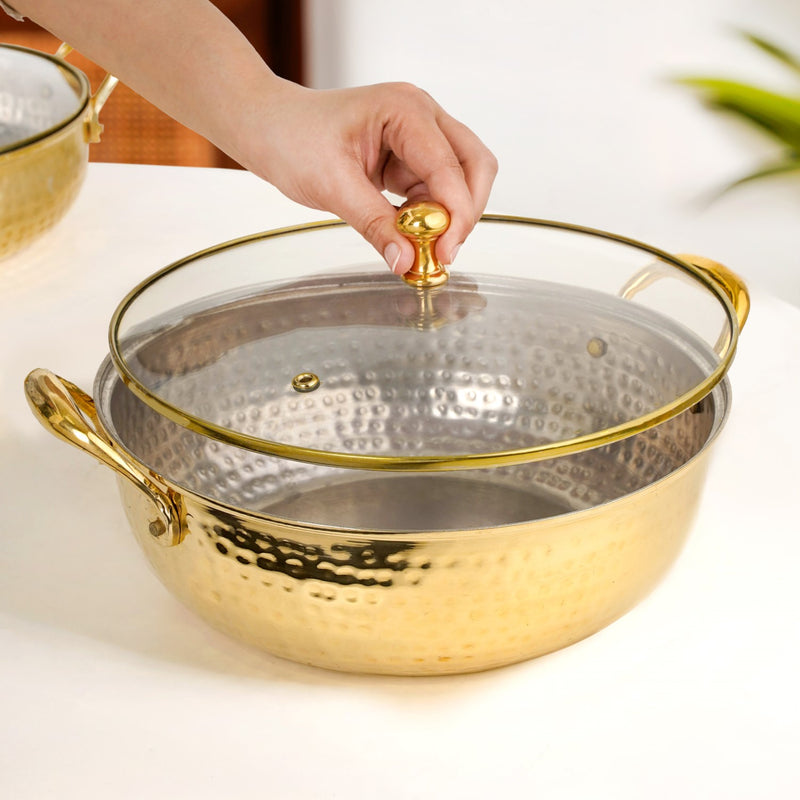 Hammered Brass Kadhai With Glass Lid 4000ml