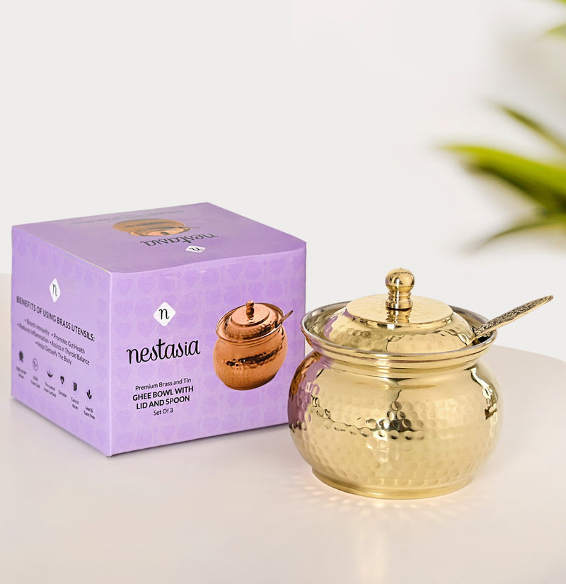 Hammered Pure Brass Ghee Pot With Spoon 400ml