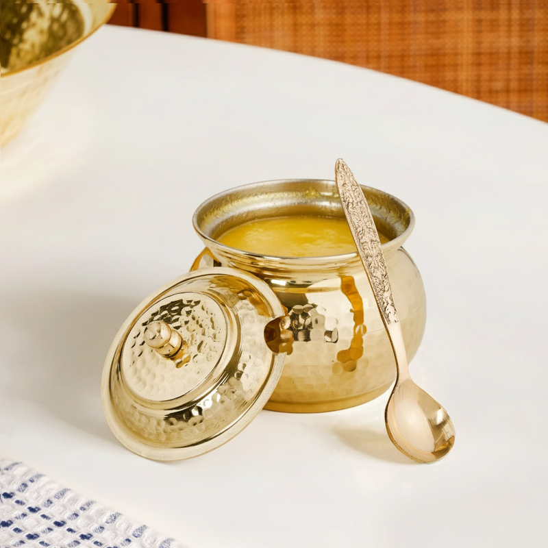 Hammered Pure Brass Ghee Pot With Spoon 400ml