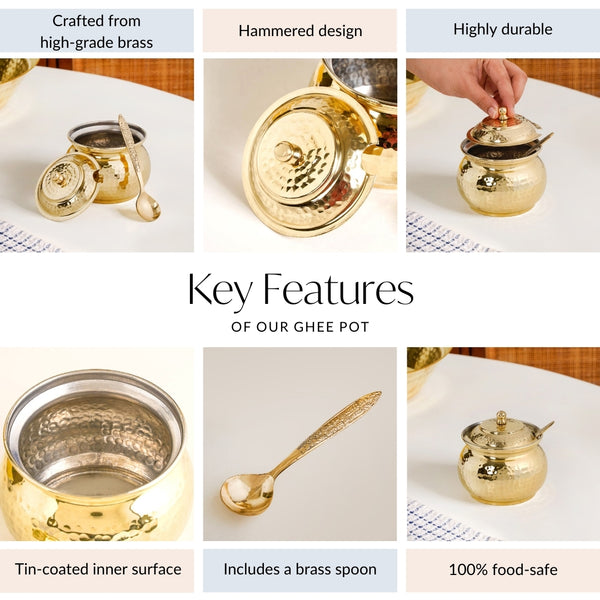 Hammered Pure Brass Ghee Pot With Spoon 400ml