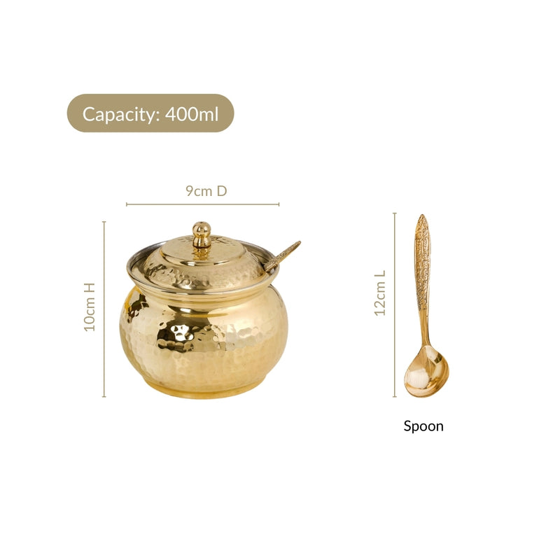 Hammered Pure Brass Ghee Pot With Spoon 400ml