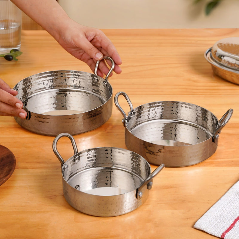 Hammered Stainless Steel Serving Kadai Set Of 3