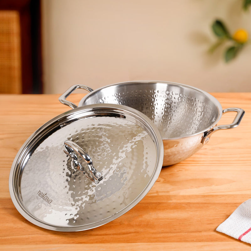 Hammered Stainless Steel Kadai With Lid 3500ml