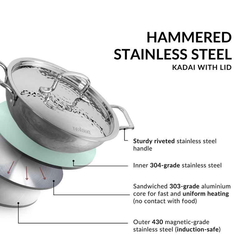 Hammered Stainless Steel Kadai With Lid 3500ml