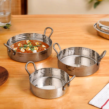 Hammered Stainless Steel Serving Kadai Set Of 3