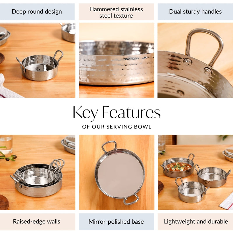 Hammered Stainless Steel Serving Kadai Set Of 3