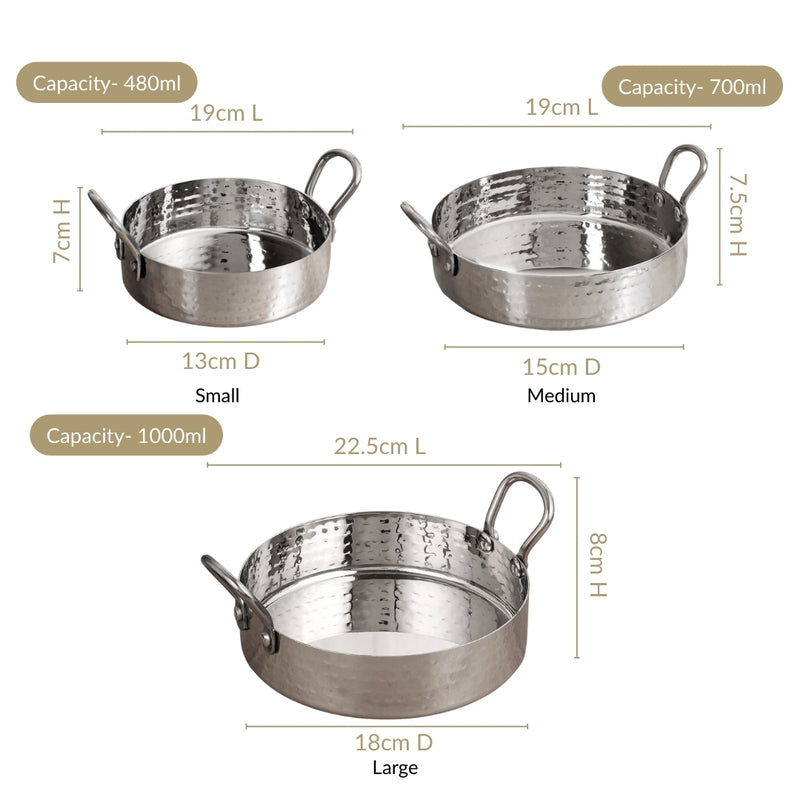 Hammered Stainless Steel Serving Kadai Set Of 3