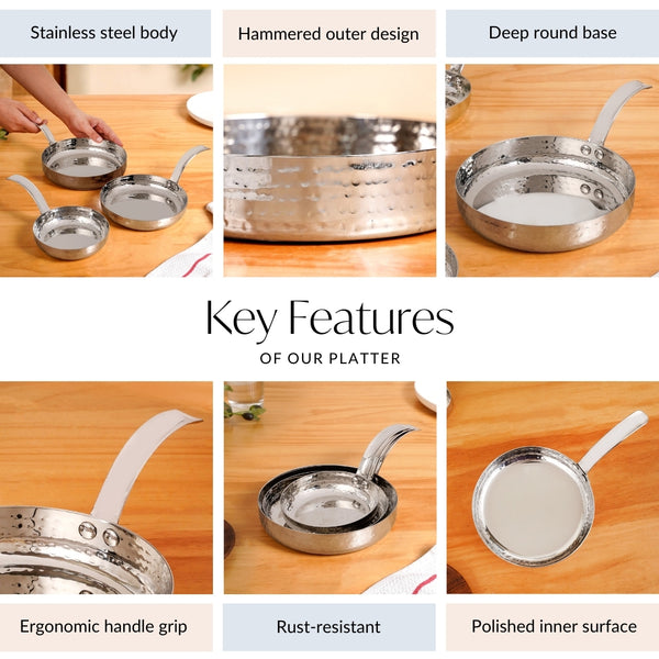 Hammered Stainless Steel Serving Pan With Handle Set Of 3