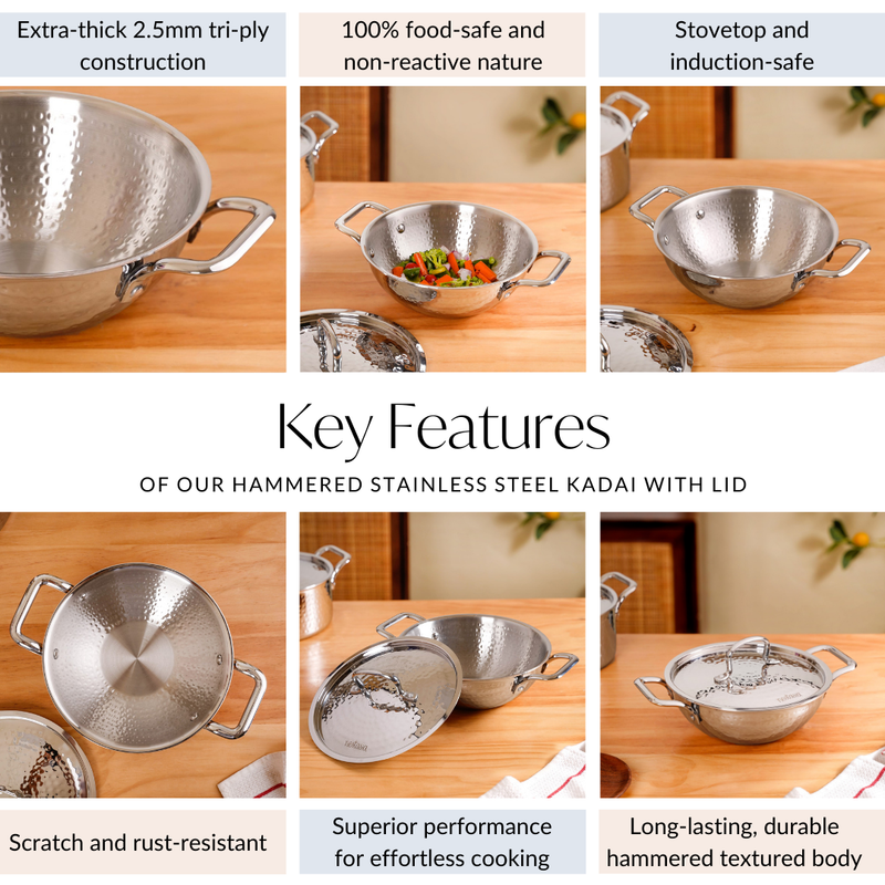 Hammered Stainless Steel Kadai With Lid 2250ml
