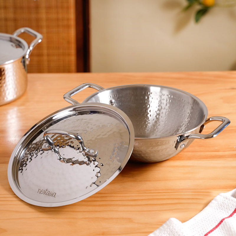Hammered Stainless Steel Kadai With Lid 2250ml