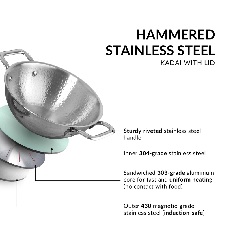 Hammered Stainless Steel Kadai With Lid 2250ml