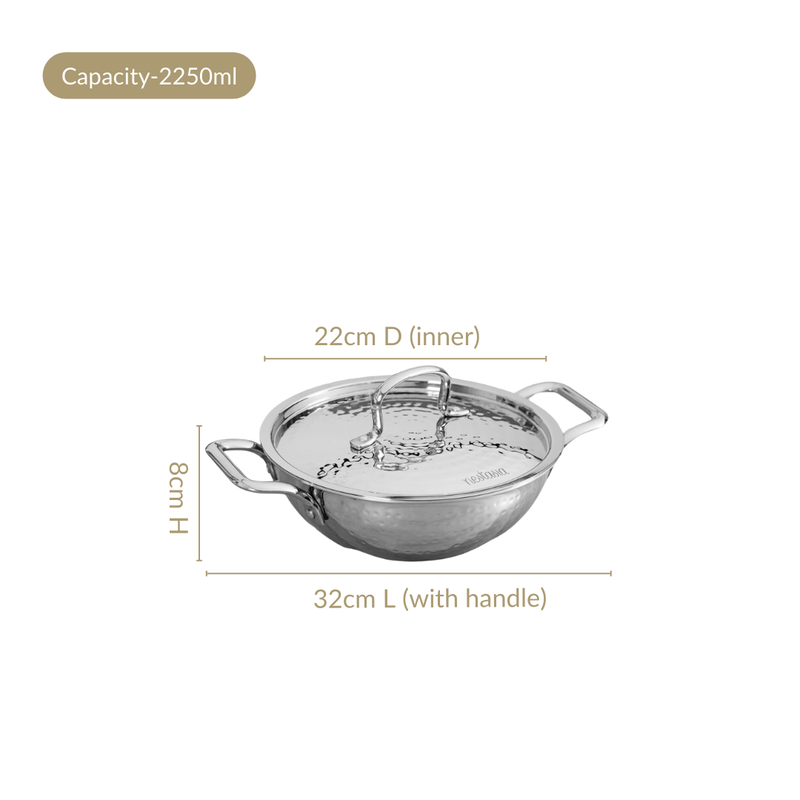 Hammered Stainless Steel Kadai With Lid 2250ml