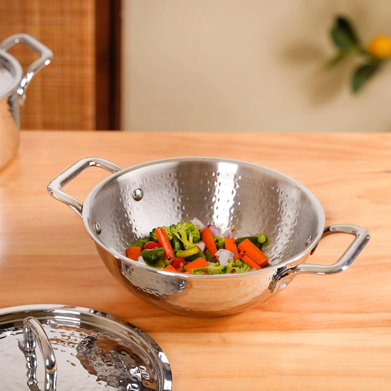 Hammered Stainless Steel Kadai With Lid 2250ml
