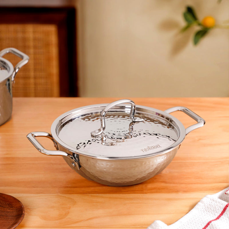 Hammered Stainless Steel Kadai With Lid 2250ml