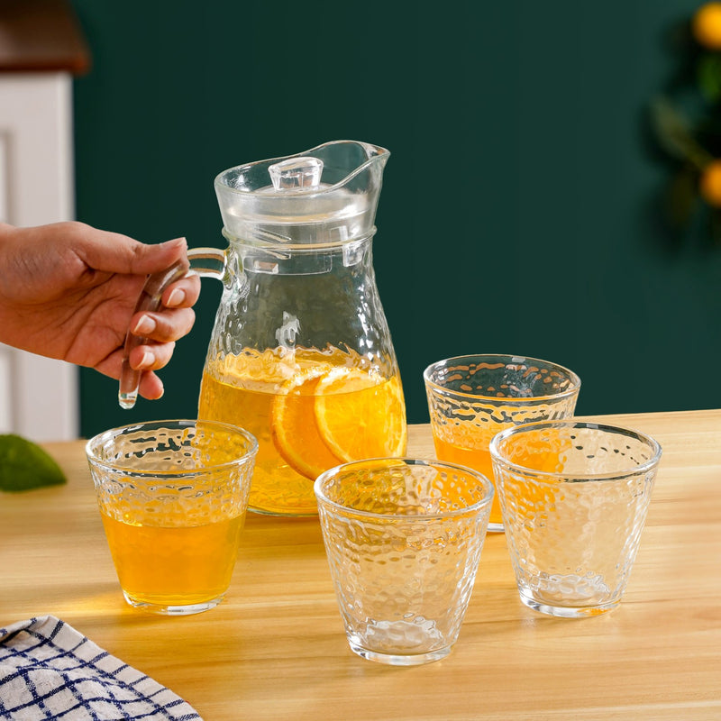 Hammered Transparent Drinking Glass And Pitcher Set Of 5