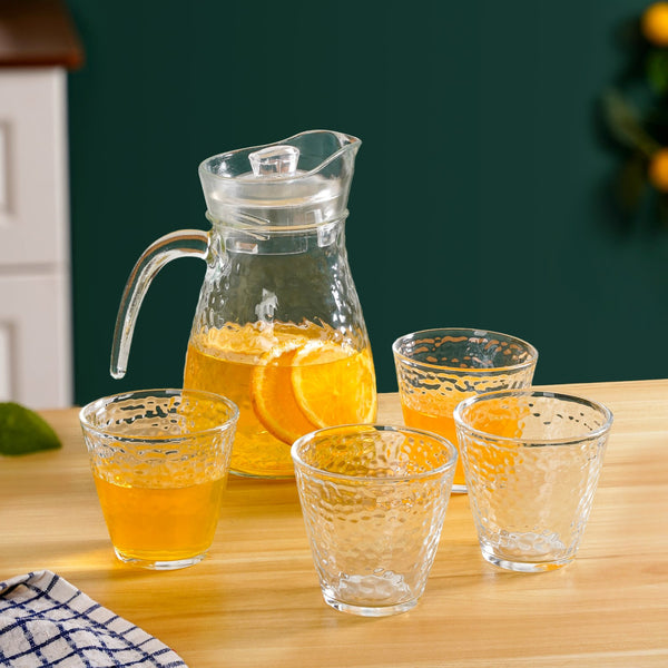 Hammered Transparent Drinking Glass And Pitcher Set Of 5