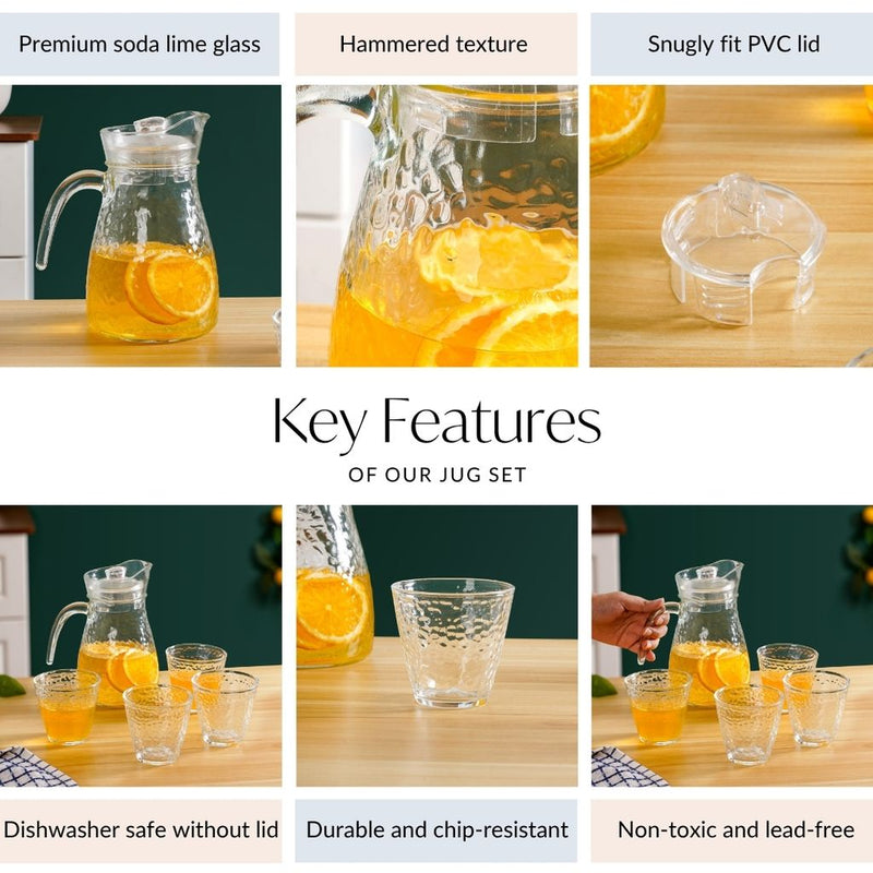 Hammered Transparent Drinking Glass And Pitcher Set Of 5