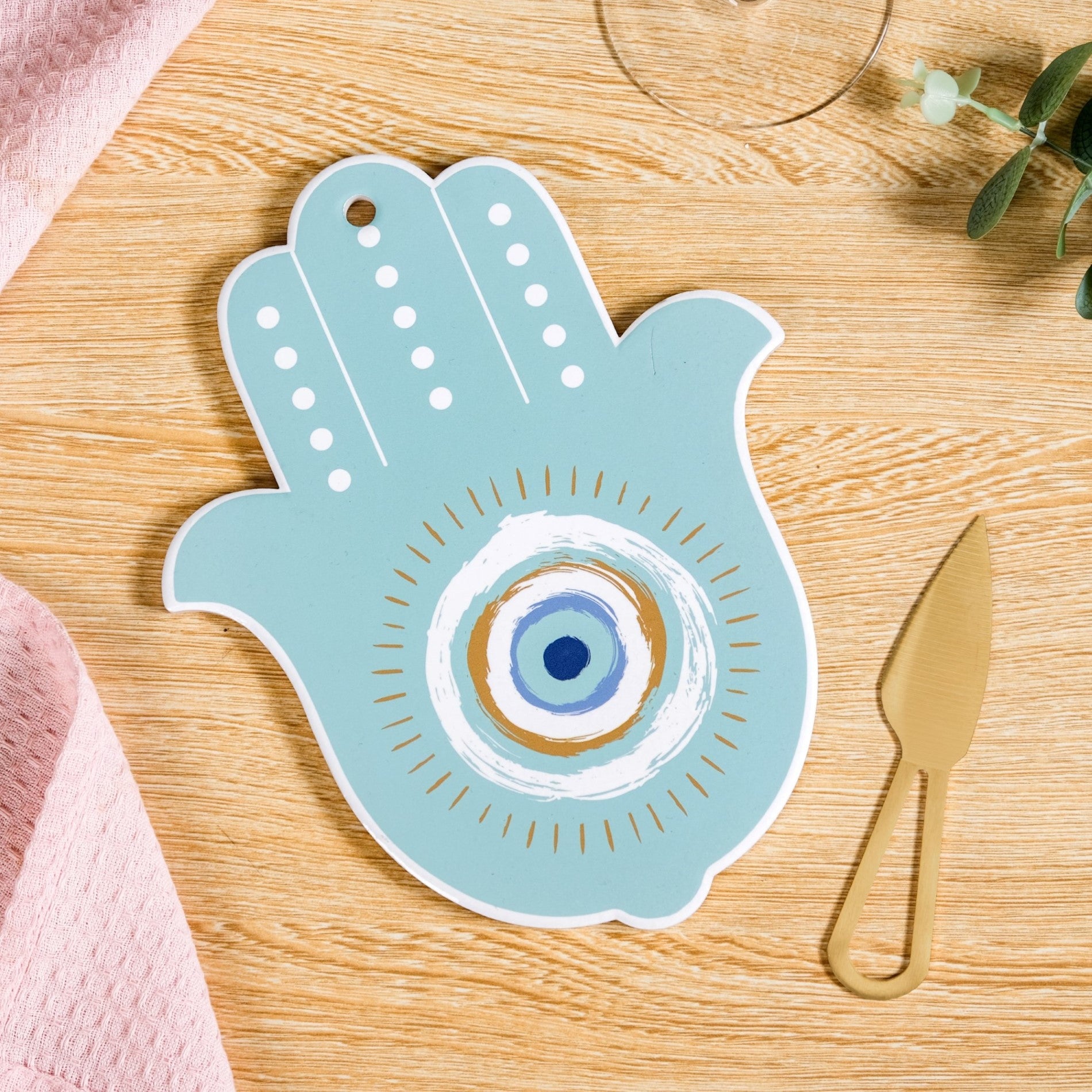 Hamsa Evil Eye Hand Cheese Board With Knife Set Of 2