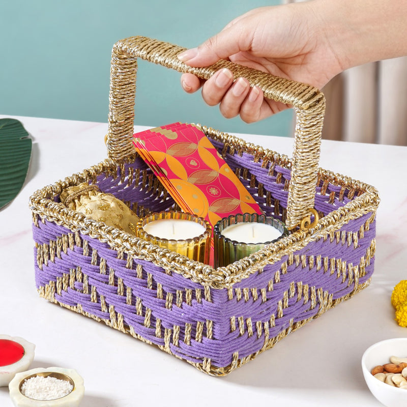 Handwoven Gift Basket With Movable Handle Lavender